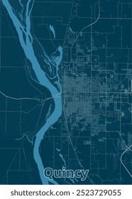 Detailed map of Quincy, a city in Illinois, USA. The map is rendered in a minimalist style with a dark blue background and light blue lines representing roads, streets, and a river