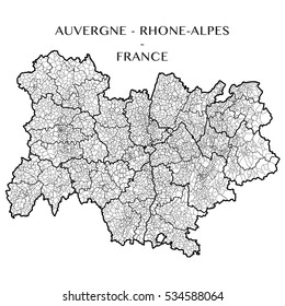 Detailed map of the region of Auvergne Rhone Alpes, France including all the administrative subdivision from region to towns department arrondissement canton and commune. Vector illustration