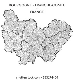 Detailed map of the region of Bourgogne Franche Comte, France including all the administrative subdivision from region to towns department arrondissement canton and commune. Vector illustration