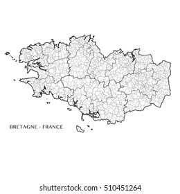 Detailed map of the region of Brittany, France including all the administrative subdivision from region to towns department arrondissement canton and commune. Vector illustration