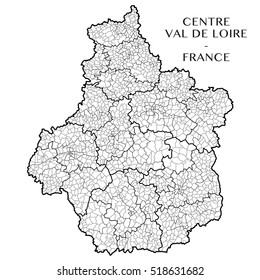 Detailed map of the region of Centre Val de Loire, France including all the administrative subdivision from region to towns department arrondissement canton and commune. Vector illustration