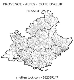 Detailed map of the region of Provence-Alpes-CÃ´te d'Azur, France including all the French administrative subdivision from region to towns department borough canton and commune. Vector illustration