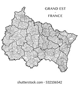 Detailed map of the region of Grand Est, France including all the administrative subdivision from region to towns department arrondissement canton and commune. Vector illustration