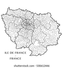 Detailed map of the region of Ile-de-France, France including all the administrative subdivision from region to towns department arrondissement canton and commune. Vector illustration