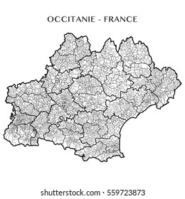 Detailed map of the region of Occitanie, France including with layered administrative subdivisions from region to towns including department arrondissement canton and commune. Vector illustration