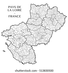 Detailed map of the region of Pays de la Loire, France including all the administrative subdivisions from region to towns department arrondissement canton and commune. Vector illustration