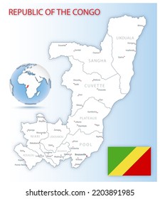 Mapa detallado de las divisiones administrativas de la República del Congo con bandera del país y ubicación en el mundo. Ilustración del vector