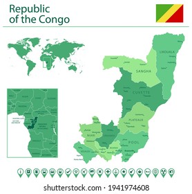 Detailed map of Republic of the Congo with country flag and location on world map. Vector illustration