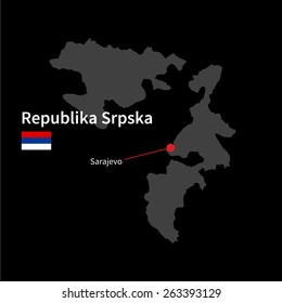 Detailed map of Republika Srpska and capital city Sarajevo with flag on black background