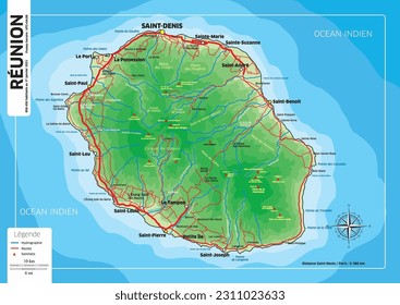 Detailed map of Reunion Island - French overseas island