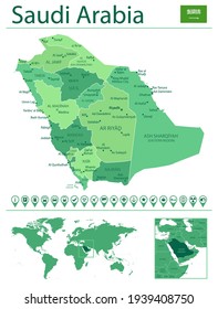 Detailed map of Saudi Arabia with country flag and location on world map. Vector illustration