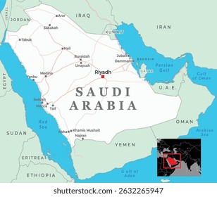 Um mapa detalhado da Arábia Saudita, destacando suas províncias, principais cidades e países vizinhos
