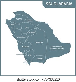 The detailed map of the Saudi Arabia with regions