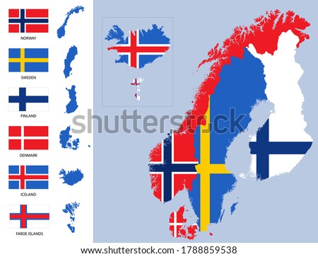 Detailed map of Scandinavia with country silhouettes and flags