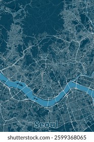 A detailed map of Seoul, South Korea, rendered in a minimalist style. The map features a dark blue background with white lines representing roads and streets.