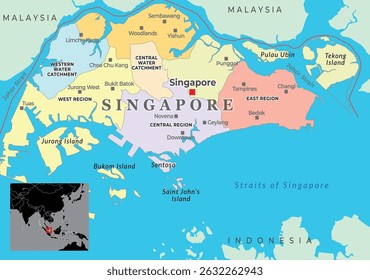 A detailed map of Singapore, highlighting its borders, major cities, and neighboring countries, including Malaysia and Indonesia