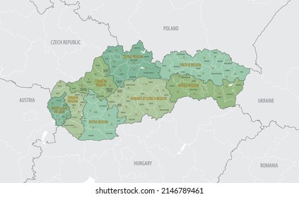 Detailed map of Slovakia, with administrative divisions into kraje, regions and municipalities, major cities of the country, vector illustration on white background