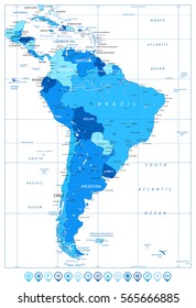 Detailed Map of South America in colors of blue and map pointers. Highly detailed vector map.