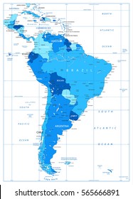 Detailed Map of South America in colors of blue. Highly detailed vector map.