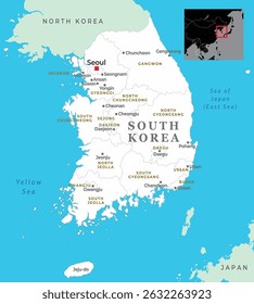 Um mapa detalhado da Coreia do Sul, mostrando suas províncias, principais cidades e países vizinhos