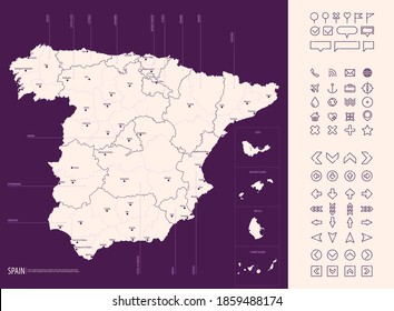 Detaillierte Karte Spaniens mit Verwaltungsabteilungen auf dunklem Hintergrund, großen Städten des Landes und Symbolen, Vektorgrafik