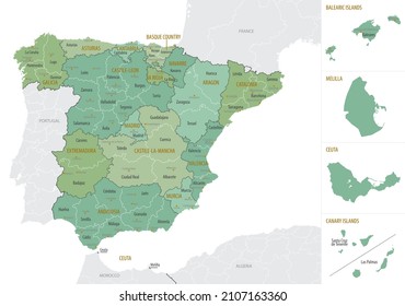Detailed map of Spain with administrative divisions into Autonomous communities and autonomous cities and Provinces, major cities of country, vector illustration onwhite background