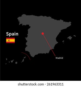 Detailed map of Spain and capital city Madrid with flag on black background