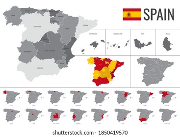 DetailKarte Spaniens mit Unterteilung in autonome Gemeinschaften mit allen Namen und Flagge des Landes, Vektorgrafik