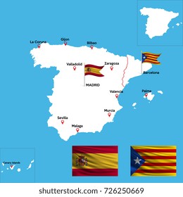 A detailed map of Spain with indexes of major cities of the country. National flag of the Spain and Catalonia. Vector illustration.