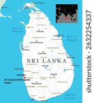 A detailed map of Sri Lanka, highlighting its geographical features, major cities, and surrounding bodies of water