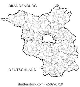 Detailed map of the State of Brandenburg (Germany) with borders of municipalities, municipalities associations, districts, and state. Vector illustration