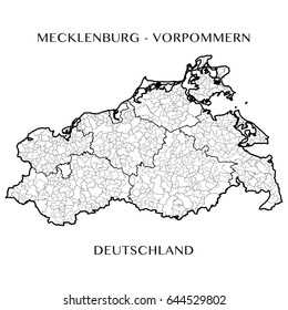 Detailed map of the State of Mecklenburg Vorpommern (Germany) with borders of municipalities, municipalities associations, districts, and state. Vector illustration