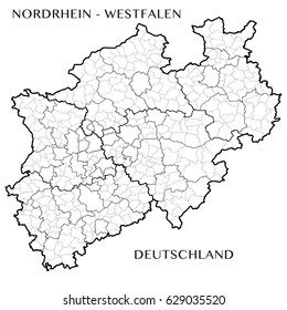 Detailed map of the State of North Rhine Westphalia (Germany) with borders of municipalities, subdistricts, districts, and provinces. Vector illustration