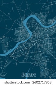 A detailed map of Surat, India, rendered in a minimalist style. The map features a dark blue background with a network of white lines representing roads and streets.