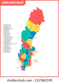 The detailed map of Sweden with regions or states and cities, capital. Administrative division.