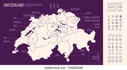 Detailed map of Switzerland with administrative divisions on dark background, country big cities and icons set, vector illustration