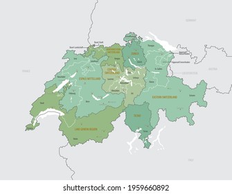 Detailed map of Switzerland with administrative divisions into regions and Cantons, major cities of the country, vector illustration onwhite background