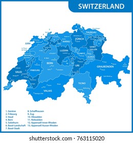 The detailed map of the Switzerland with regions or states and cities, capitals