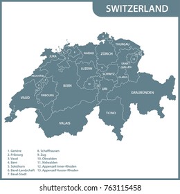 The detailed map of the Switzerland with regions or states