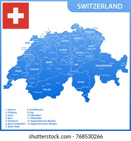 The detailed map of the Switzerland with regions or states and cities, capitals, national flag