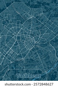 A detailed map of Tashkent, Uzbekistan, rendered in a minimalist style. The map features a dark blue background with white lines representing streets and roads.