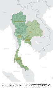 Detailed map of Thailand with administrative divisions into regions and provinces, major cities of the country, vector illustration onwhite background