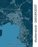 A detailed map of Thessaloniki, Greece, rendered in a minimalist style. The map features a deep blue background with white lines representing roads and streets.