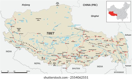 Detailed map of the Tibet Autonomous Region, China