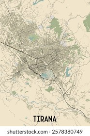 A detailed map of Tirana, Albania, showcasing the city's street network, major roads, and surrounding landscape. The map is rendered in a minimalist style with a cream background.