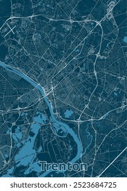 A detailed map of Trenton, New Jersey, rendered in a minimalist style. The map features a dark teal background with white lines representing roads, streets, and waterways.