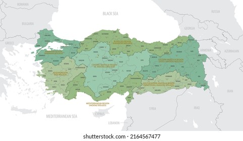Detailed map of Turkey with administrative divisions into Districts and Provinces, major cities of the country, vector illustration onwhite background