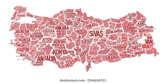 Detailed map of Turkey featuring province names positioned by geographical location. Each city name is accurately placed to reflect the regional distribution across Turkey