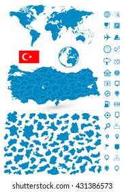 Detailed map of Turkey and World map navigation set. Vector illustration.
