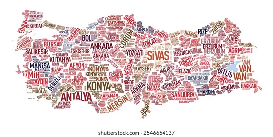 Mapa de Turquía con nombres de provincias ordenados por ubicación geográfica, destacando la distribución regional en todo el país con nombres de ciudades claramente colocados